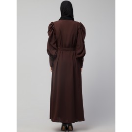 Nazneen front open till waist gathered puffed Sleeve long cuff  with belt Casual Abaya