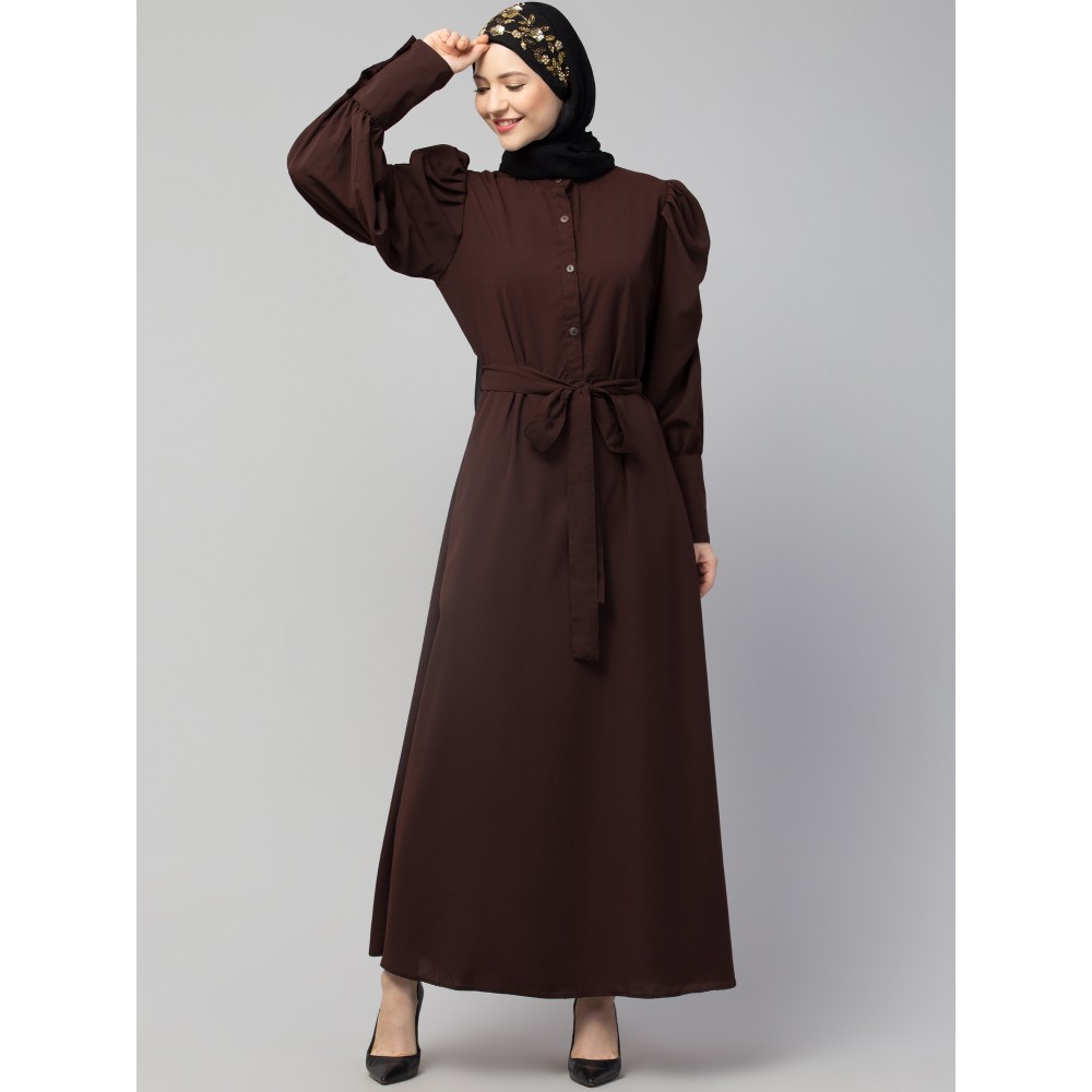 Nazneen front open till waist gathered puffed Sleeve long cuff  with belt Casual Abaya