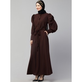 Nazneen front open till waist gathered puffed Sleeve long cuff  with belt Casual Abaya