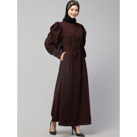 Nazneen front open till waist gathered puffed Sleeve long cuff  with belt Casual Abaya