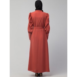 Nazneen front open till waist gathered puffed Sleeve long cuff  with belt Casual Abaya