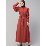 Nazneen front open till waist gathered puffed Sleeve long cuff  with belt Casual Abaya