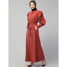 Nazneen front open till waist gathered puffed Sleeve long cuff  with belt Casual Abaya