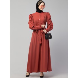 Nazneen front open till waist gathered puffed Sleeve long cuff  with belt Casual Abaya