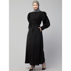 Nazneen front open till waist gathered puffed Sleeve long cuff  with belt Casual Abaya