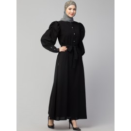 Nazneen front open till waist gathered puffed Sleeve long cuff  with belt Casual Abaya