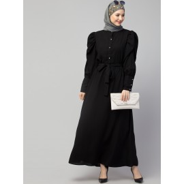 Nazneen front open till waist gathered puffed Sleeve long cuff  with belt Casual Abaya