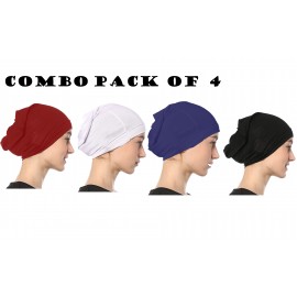 Nazneen Women's Tube Hijab Bonnet Cap Under Scarf Pullover Combo 4 Piece (Maroon, White Black & Navy Blue)