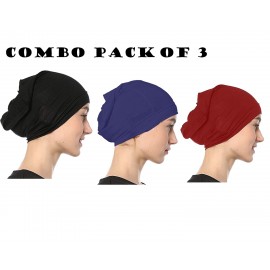 Nazneen Women's Tube Hijab Bonnet Cap Under Scarf Pullover Combo 3 Piece (Maroon Black & Navy Blue)