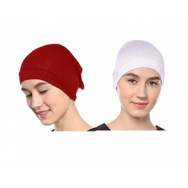 Nazneen Women's Tube Hijab Bonnet Cap Under Scarf Pullover Combo 2 Piece (White & Maroon)