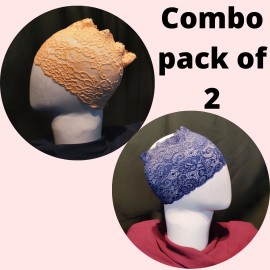 Nazneen Stretchable Floral Net Lace Under Hijab/Scarf Tube Cap Combo Pack Of 2 (NAVY & BEIGE)
