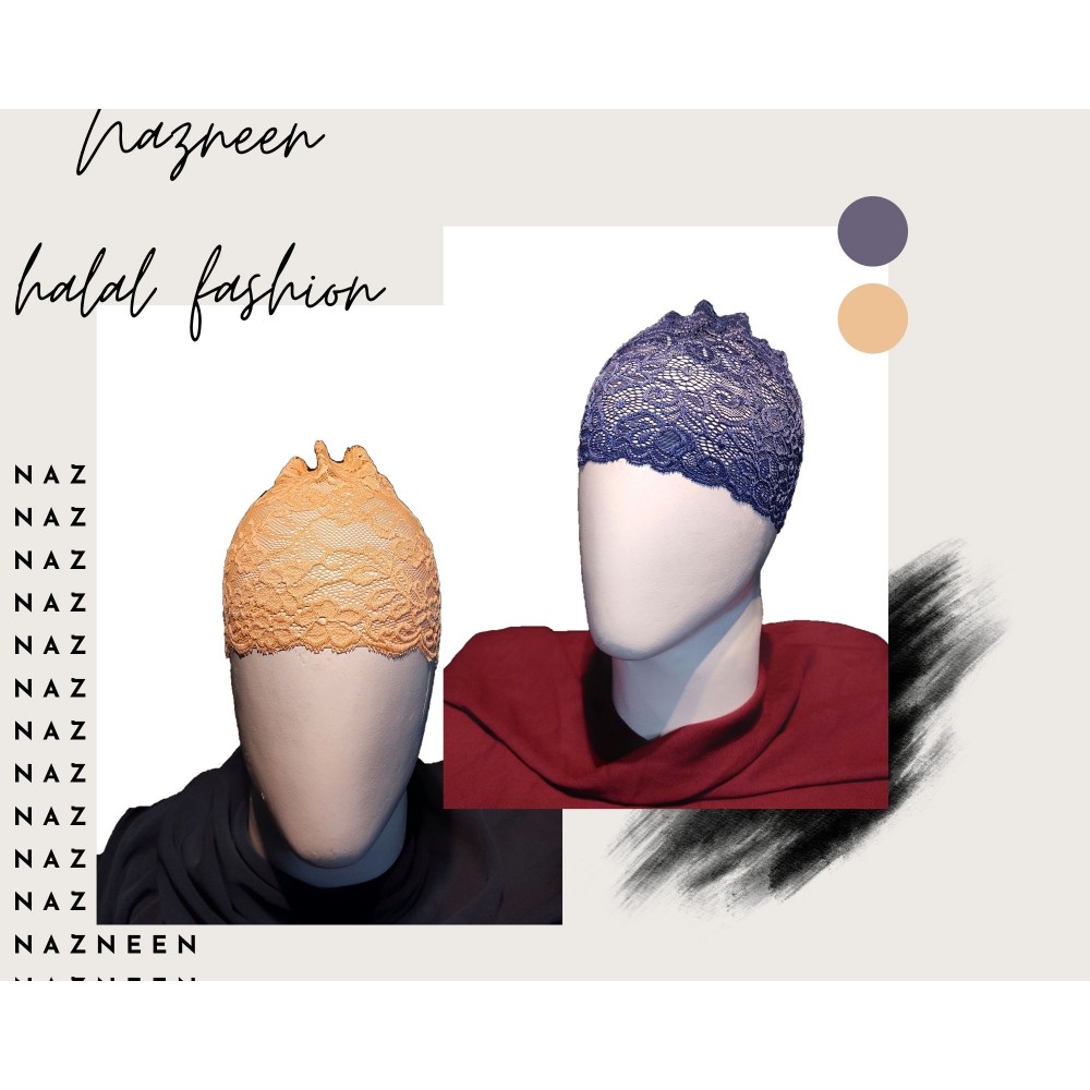 Nazneen Stretchable Floral Net Lace Under Hijab/Scarf Tube Cap Combo Pack Of 2 (NAVY & BEIGE)