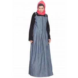 Nazneen Front Open Contrast Jersey And Chambray Straps Abaya