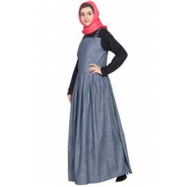 Nazneen Front Open Contrast Jersey And Chambray Straps Abaya