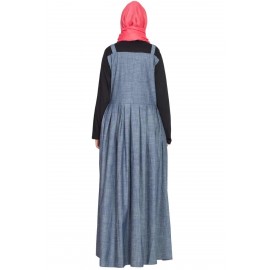 Nazneen Front Open Contrast Jersey And Chambray Straps Abaya