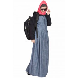 Nazneen Front Open Contrast Jersey And Chambray Straps Abaya