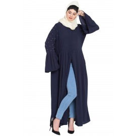 Nazneen Pleated And Pearls Embroidered Front Open Abaya