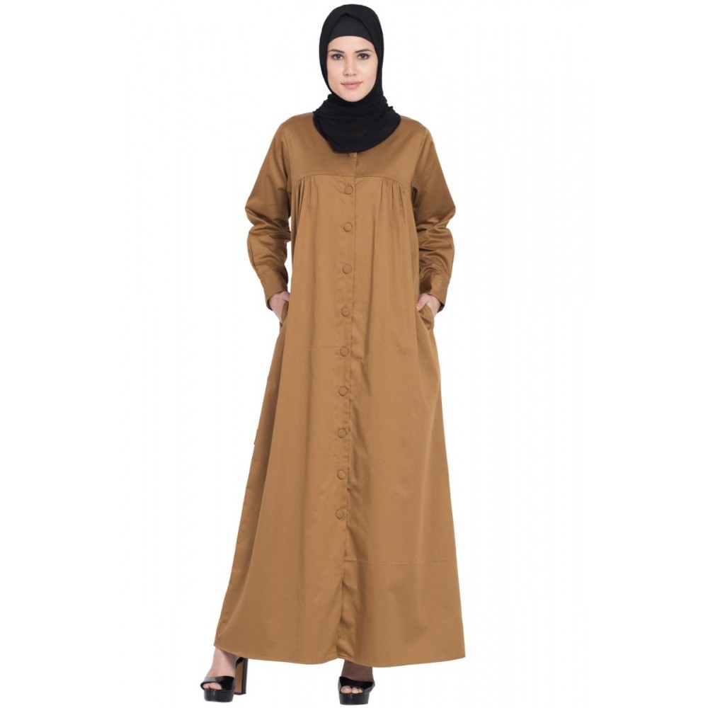Nazneen Front Open Gather At Bust Self Button Abaya