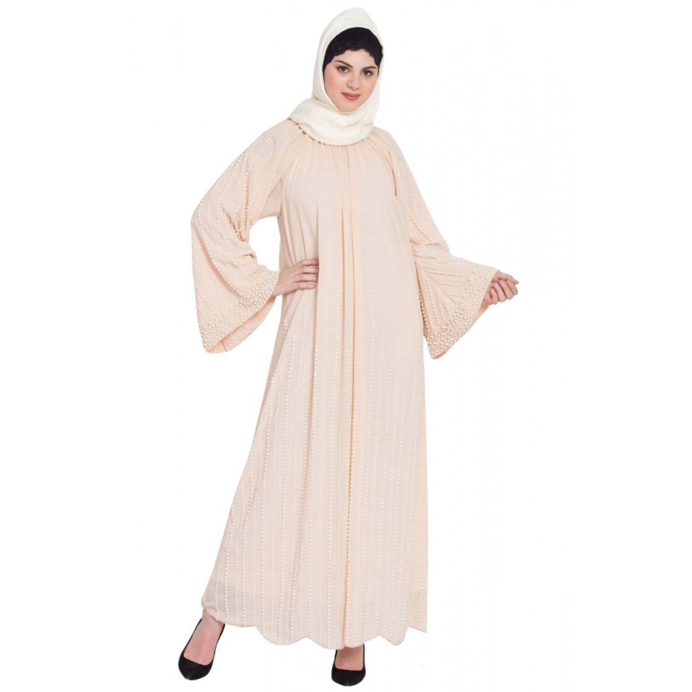 Nazneen Pearls Hand Work Halter Neck Peach Wedding Abaya