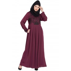 Nazneen Hand Embroidered Wine Party Abaya