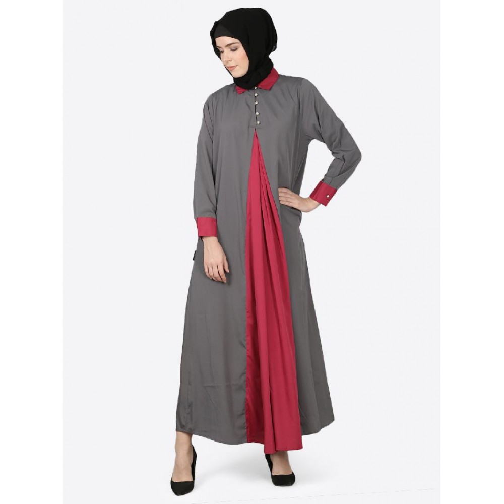 Nazneen Contrast Yoke Grey/Wine Casual Abaya