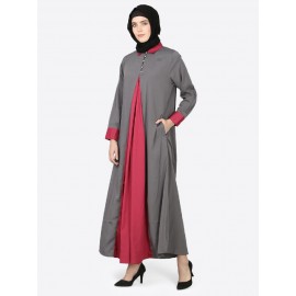 Nazneen Contrast Yoke Grey/Wine Casual Abaya