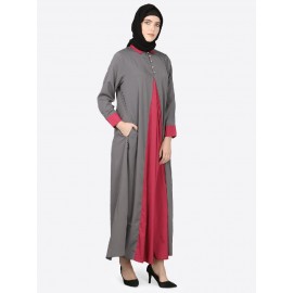 Nazneen Contrast Yoke Grey/Wine Casual Abaya