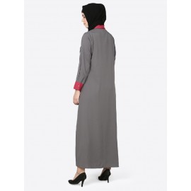 Nazneen Contrast Yoke Grey/Wine Casual Abaya