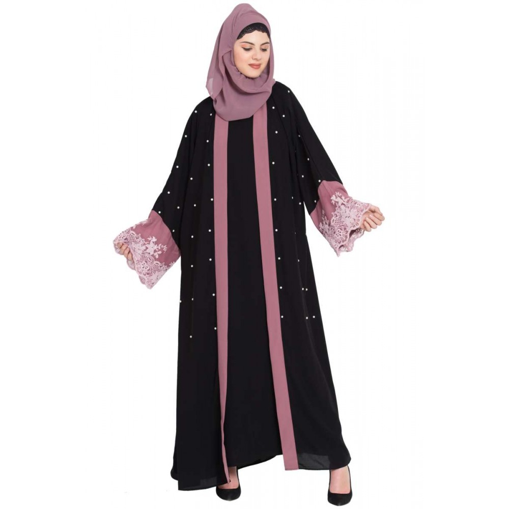 Nazneen Contrast Band And Lace Pearls Embroidered Dubai Kaftan