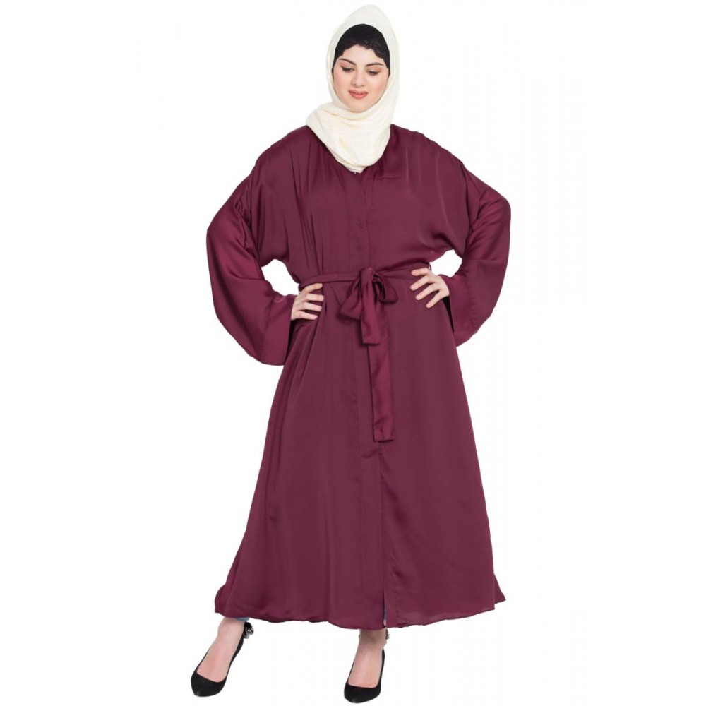 Nazneen Front Open With Belt Wine Abaya