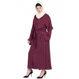 Nazneen Front Open With Belt Wine Abaya