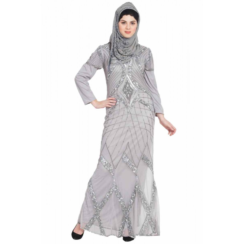 Nazneen Full Embellished Grey Party Abaya