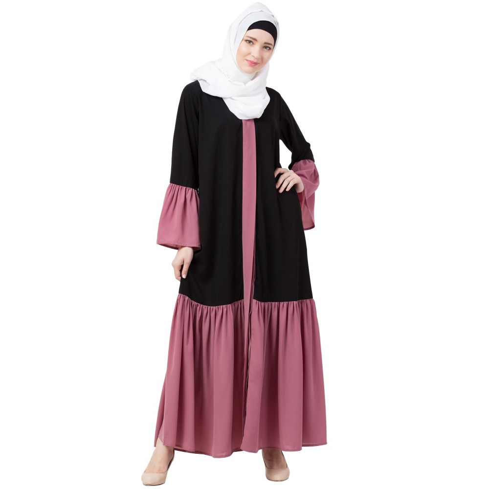 Nazneen front open Contrast bottom, Placket and Bell Sleeve Abaya