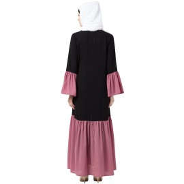 Nazneen front open Contrast bottom, Placket and Bell Sleeve Abaya