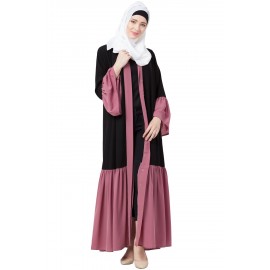Nazneen front open Contrast bottom, Placket and Bell Sleeve Abaya