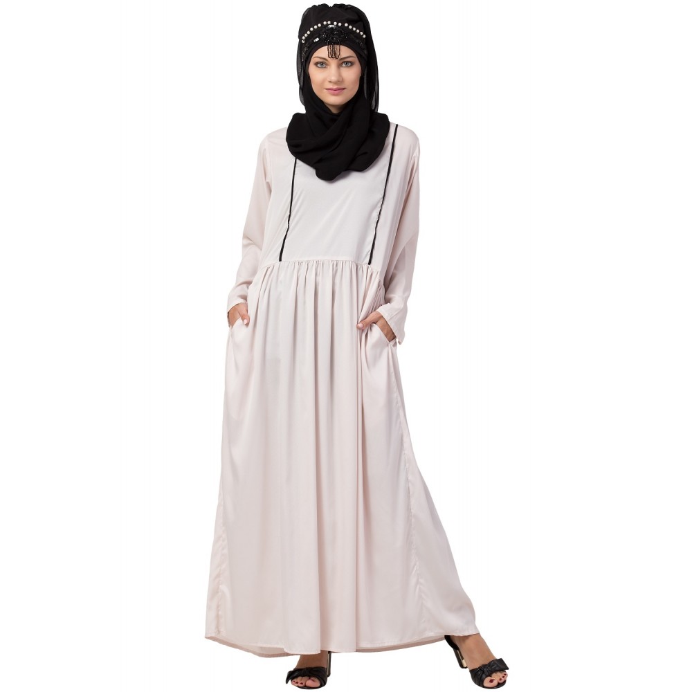 Nazneen contrast piping gather at waist flare Abaya