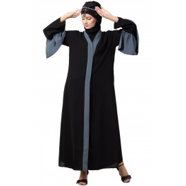 Nazneen Extra Contrast Bell sleeve Front open Abaya.