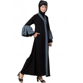 Nazneen Extra Contrast Bell sleeve Front open Abaya.