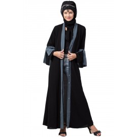 Nazneen Extra Contrast Bell sleeve Front open Abaya.