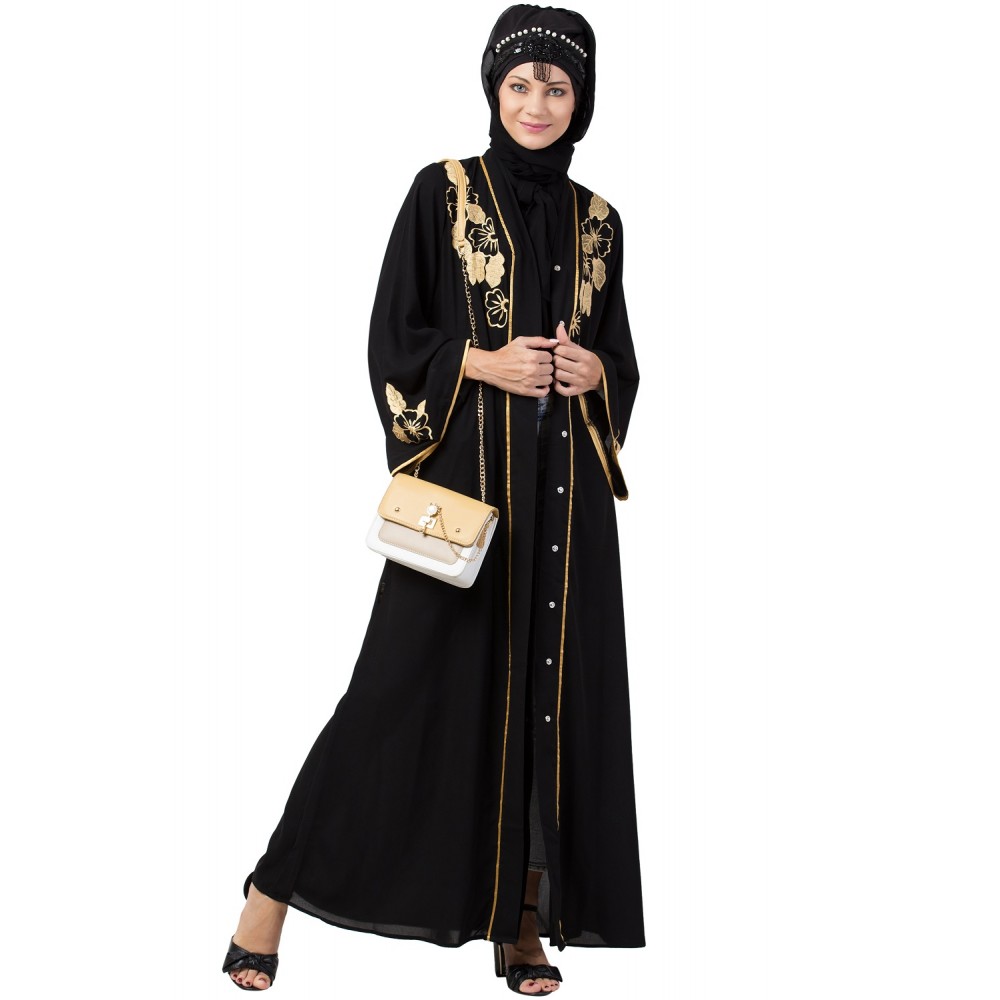 Nazneen Front Black & Sleeve Embroidered Front Open Abaya