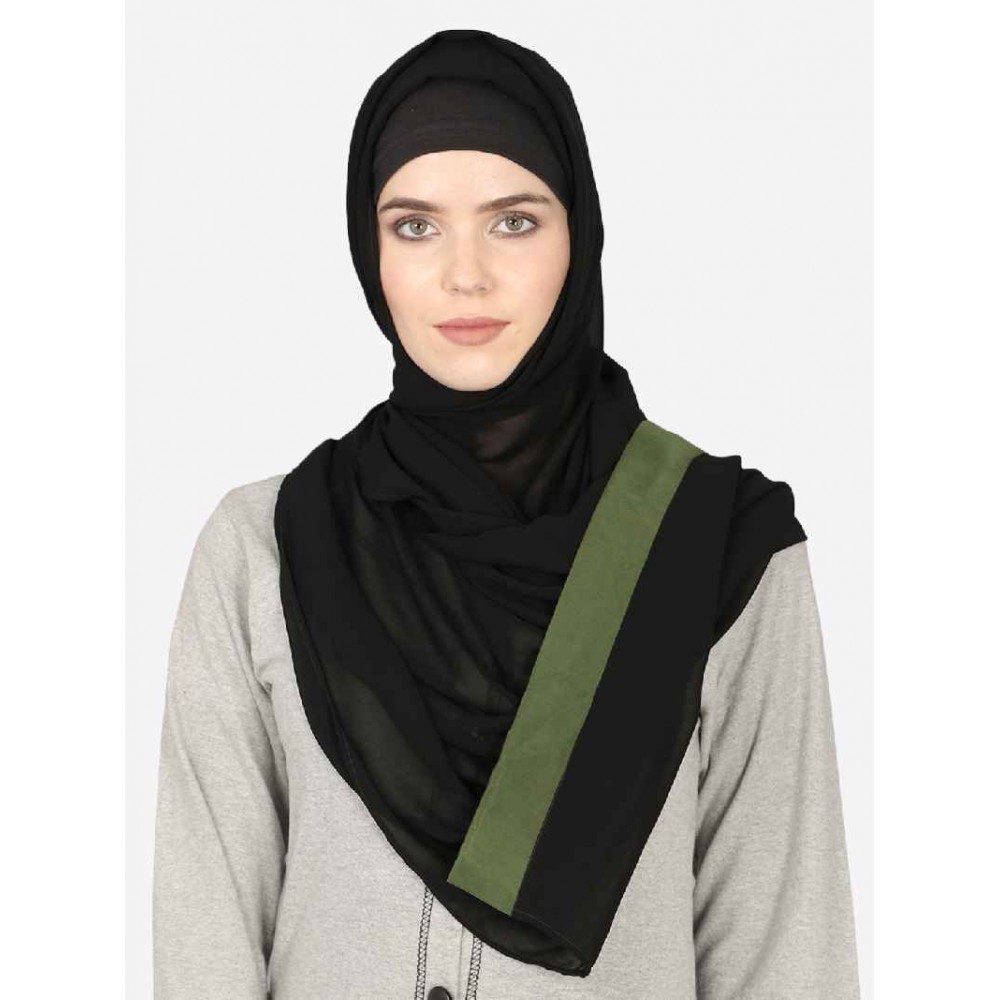 Nazneen Olive Green Band Plain Black Hijab