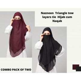 Nazneen Wine & Black Triangle Tow Layers Tie At Back Ready To Wear Hijab Cum Naqab Combo pack of two                             