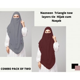Nazneen Grey & Brown Triangle Tow Layers Tie At Back Ready To Wear Hijab Cum Naqab Combo pack of two                             