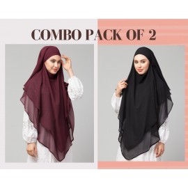 Nazneen Wine & Black Triangle Tow Layers Tie At Back Ready To Wear Hijab Cum Naqab Combo pack of two                             