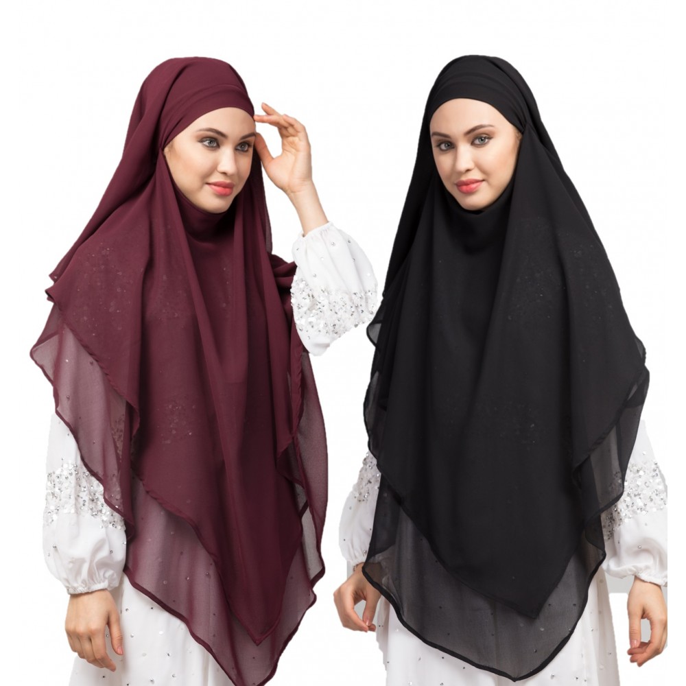 Nazneen Wine & Black Triangle Tow Layers Tie At Back Ready To Wear Hijab Cum Naqab Combo pack of two                             