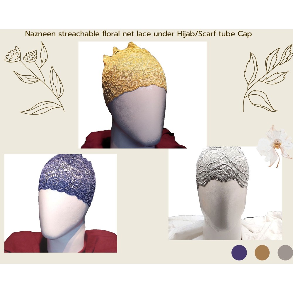 Nazneen Stretchable Floral Net Lace Under Hijab/Scarf Tube Cap Combo Pack Of 3 (NAVY, BEIGE & GREY)