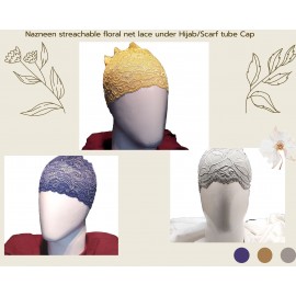 Nazneen Stretchable Floral Net Lace Under Hijab/Scarf Tube Cap Combo Pack Of 3 (NAVY, BEIGE & GREY)