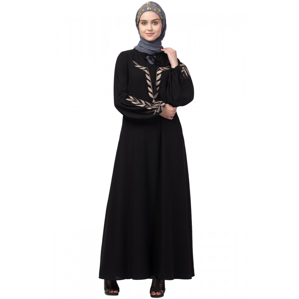 Nazneen Front and Sleeve Resham Embroidery Balloon Sleeve Abaya