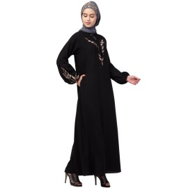 Nazneen Front and Sleeve Resham Embroidery Balloon Sleeve Abaya