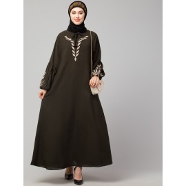 Nazneen Front and Sleeve Resham Embroidery Balloon Sleeve Abaya